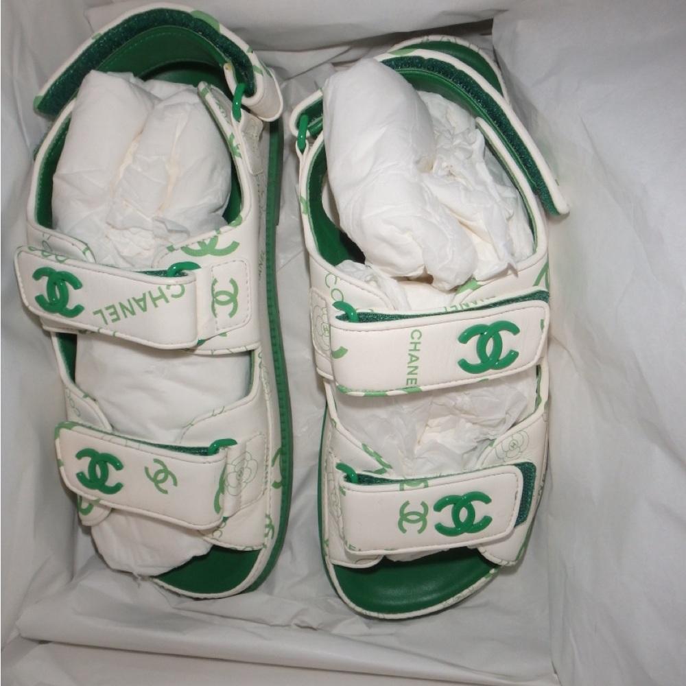 CHANEL White and Green Interlocking CC  Logo Dad Sandals